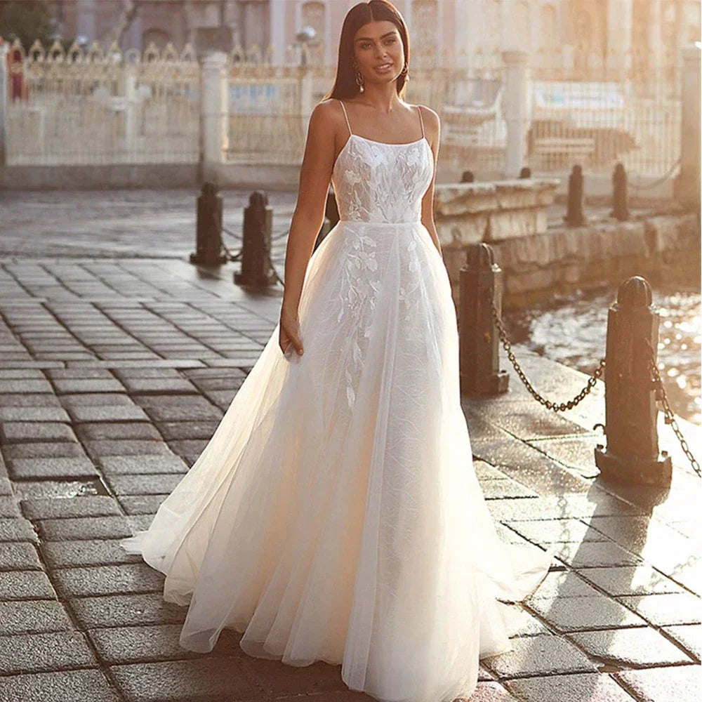 Exquisite Off Shoulder Sleeveless Mopping Wedding Dresses New Classic Square Collar Lace Princess Beautiful Bridal Gown