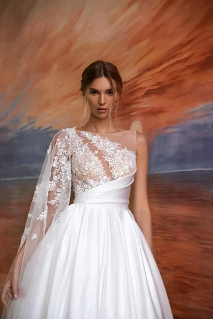 Exquisite Off Shoulder With Sleeves Beach A-Line Fluffy Mopping Sexy Backless Wedding Dresses Lace Backless Court Train Simple by payinti