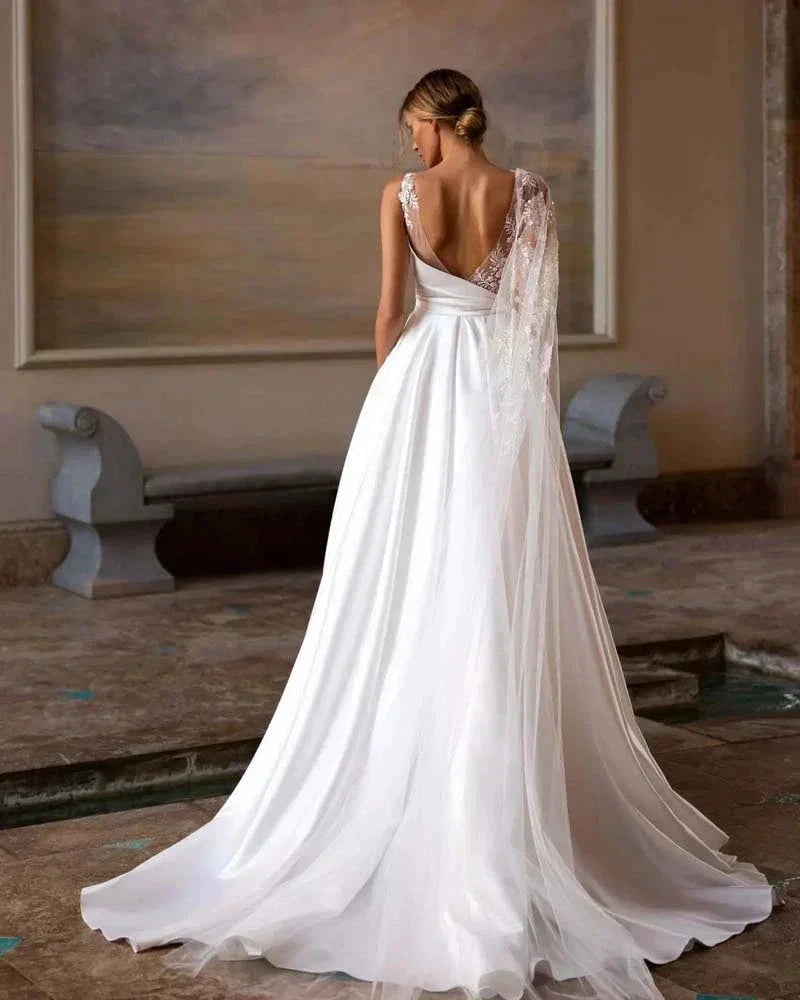 Exquisite Off Shoulder With Sleeves Beach A-Line Fluffy Mopping Sexy Backless Wedding Dresses Lace Backless Court Train Simple by payinti