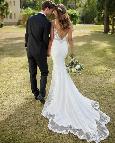 Exquisite Sexy Backless Wedding Dresses Sleeveless Lace Flower Mermaid Vintage Ball Gowns Formal V Neck Woman's Beach Party Gala