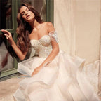 Exquisite Sparkling Off Shoulder Luxury Mermaid Fluffy Mopping Sexy Backless Wedding Dresses Exquisite Train Trumpet Bridal Gown