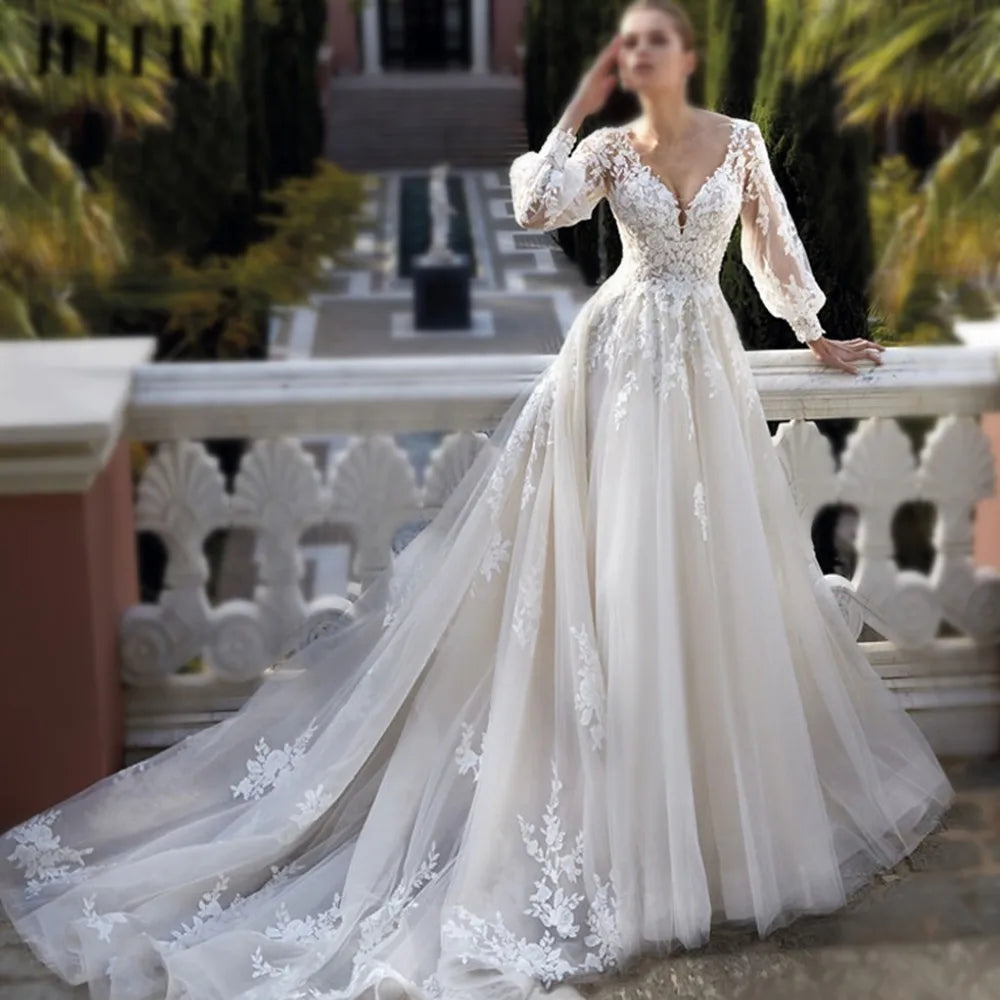 Exquisite Wedding Dresses For Women V Neck Lace Applique A Line Bridal Gowns With Long Puff Sleeves Vestido De Noiva