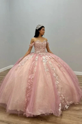 Off The Shoulder Pink Tulle Appliques Ball Gown Quinceanera Dress Y5882 by simplepromdress