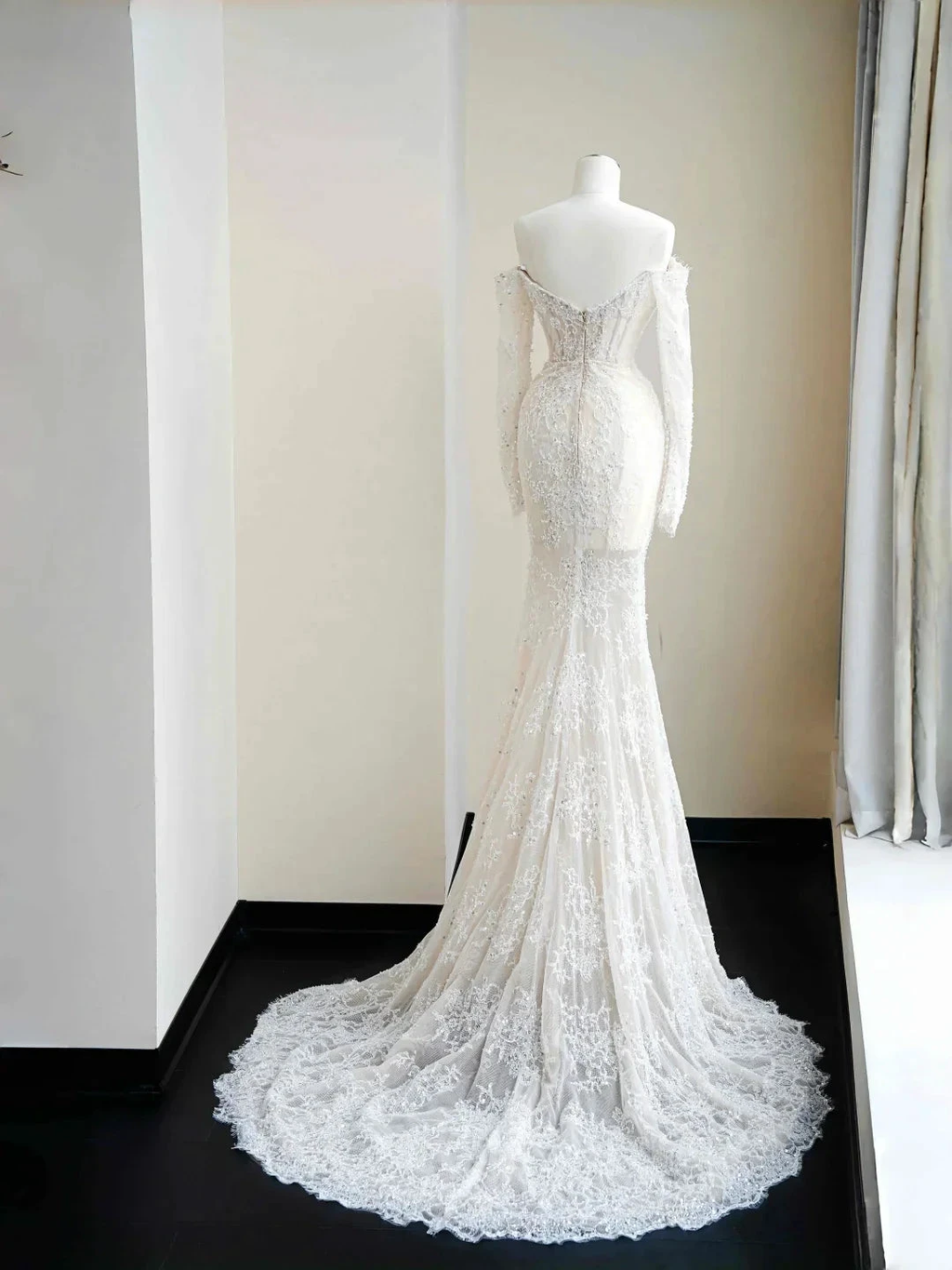 Romantic White Lace Appliques Tulle Sequin Mermaid Prom Dress Off Shoulder Evening Dress Y8663 by simplepromdress