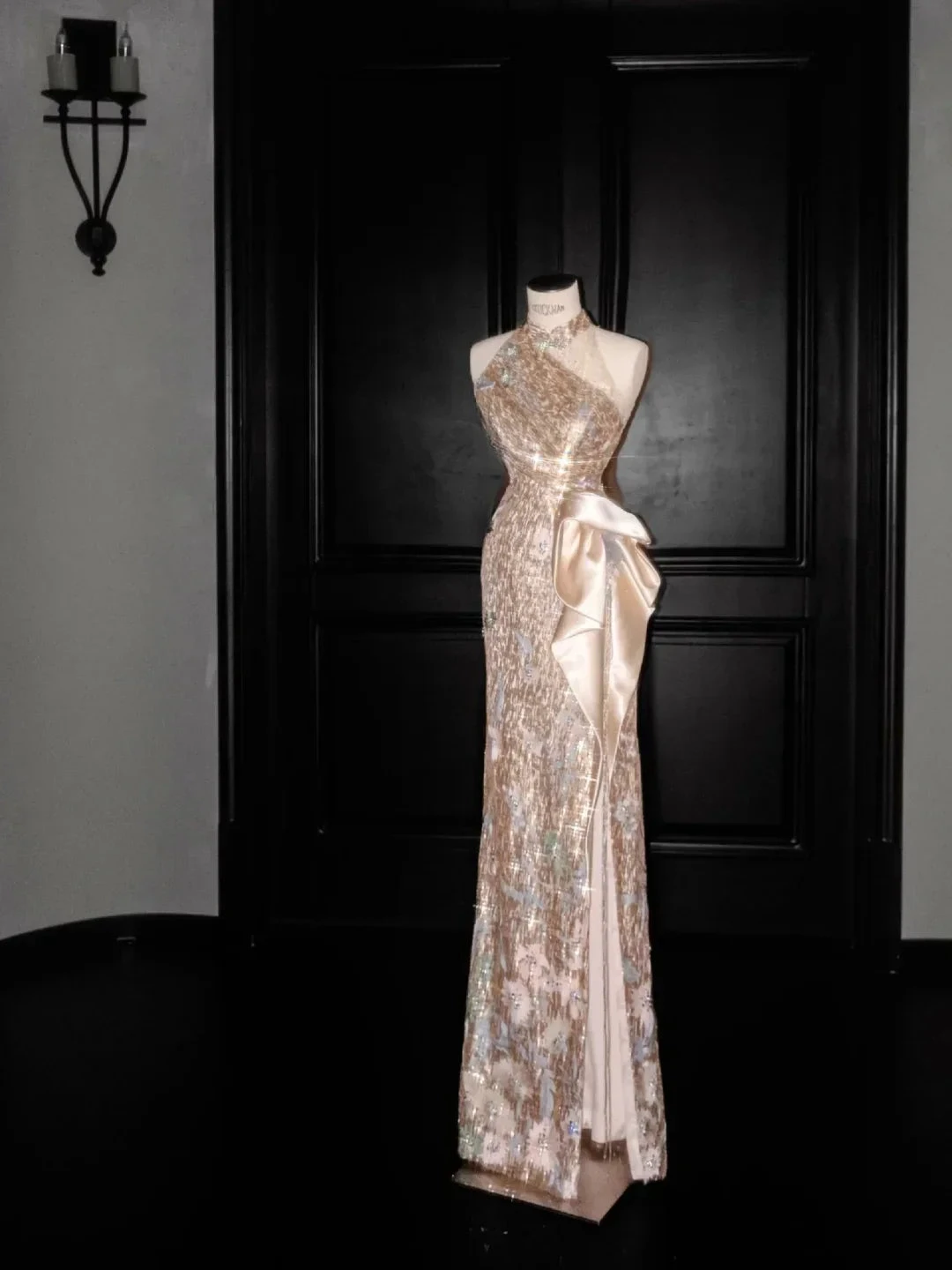 Glitter Champagne Gold Sequin Sheath Prom Dress Halter Long Evening Dress Y8653 by simplepromdress