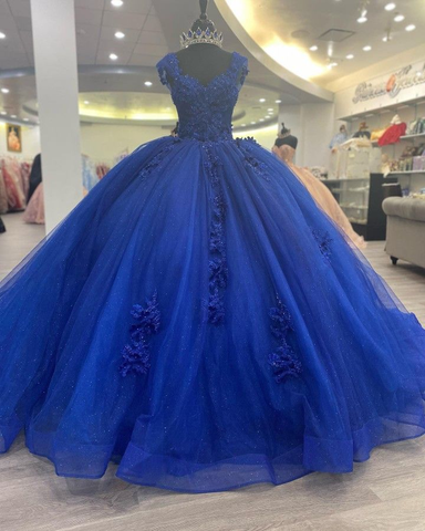 Vestido de fiesta de tul con apliques azul rey, vestido de 16 años, vestido de princesa, Y2478