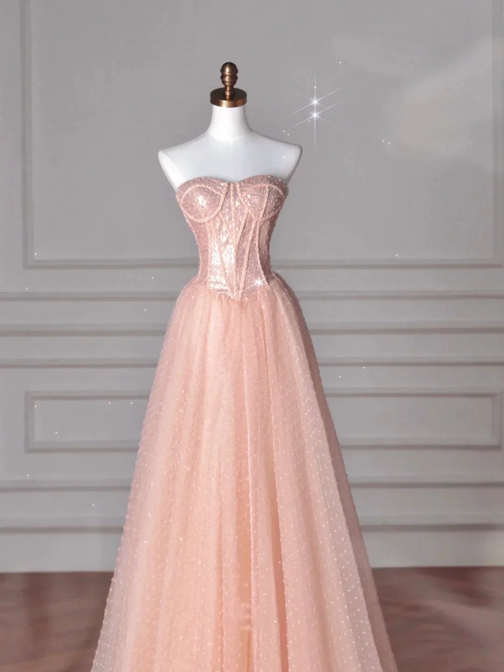 Pretty Peach Pink Strapless Sequins Tulle A Line Long Prom Dress Evening Dress Y8645 by simplepromdress