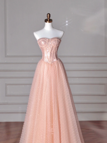 Pretty Peach Pink Strapless Sequins Tulle A Line Long Prom Dress Evening Dress Y8645
