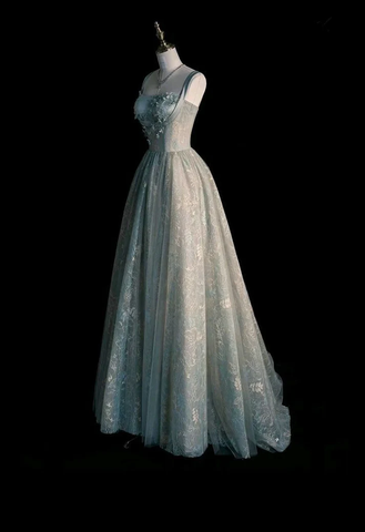 Vestido de fiesta largo de tul con encaje verde salvia, corte A, Y7544