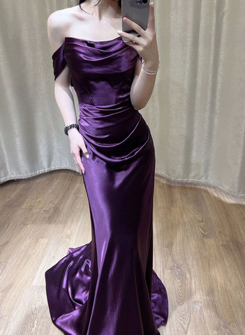 Purple Satin Off Shoulder Long Evening Dress Satin Prom Dress Y7440