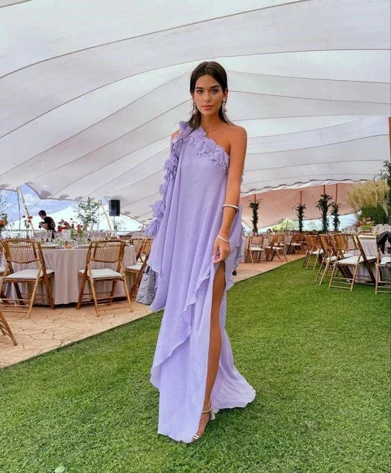 Woman in lilac one-shoulder dress at elegant outdoor event, ZAPDRESS fashion style