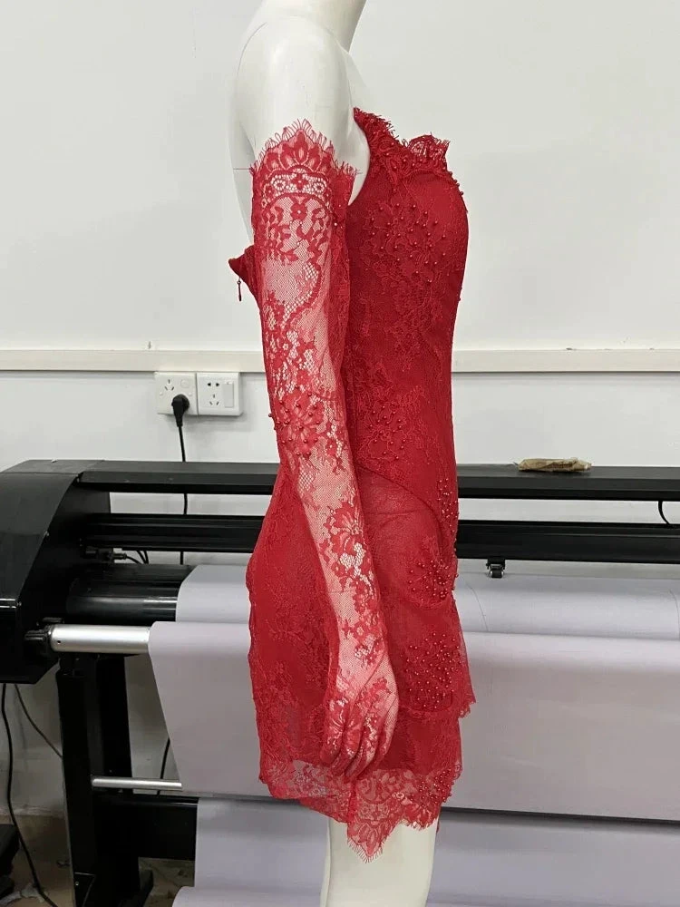 Red Lace Mini Homecoming Dress Red Party Gown Y7387 by simplepromdress