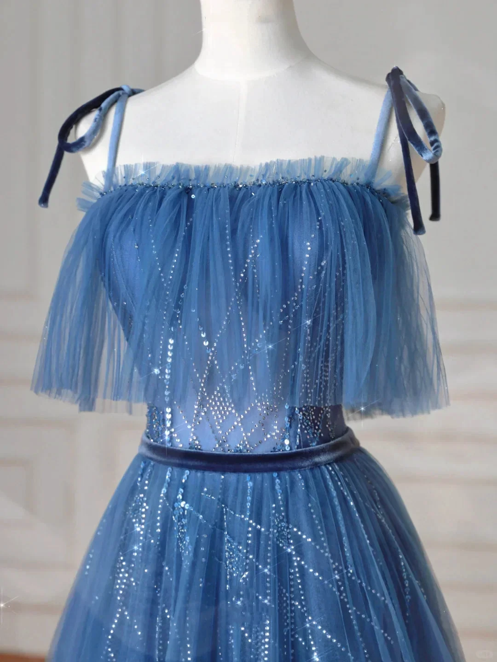 Pretty Blue Spaghetti Straps Tulle Sequins A Line Prom Dress Evening Dress Y8634 by simplepromdress