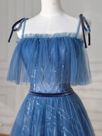 Pretty Blue Spaghetti Straps Tulle Sequins A Line Prom Dress Evening Dress Y8634 by simplepromdress