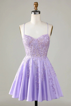 Purple Corset A-Line Satin Short Homecoming Dress With Lace Y3066 by simplepromdress