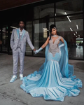 Sky Blue Velvet Silver Crystal Evening Dress Luxurious Evening Gown Y5764 by simplepromdress