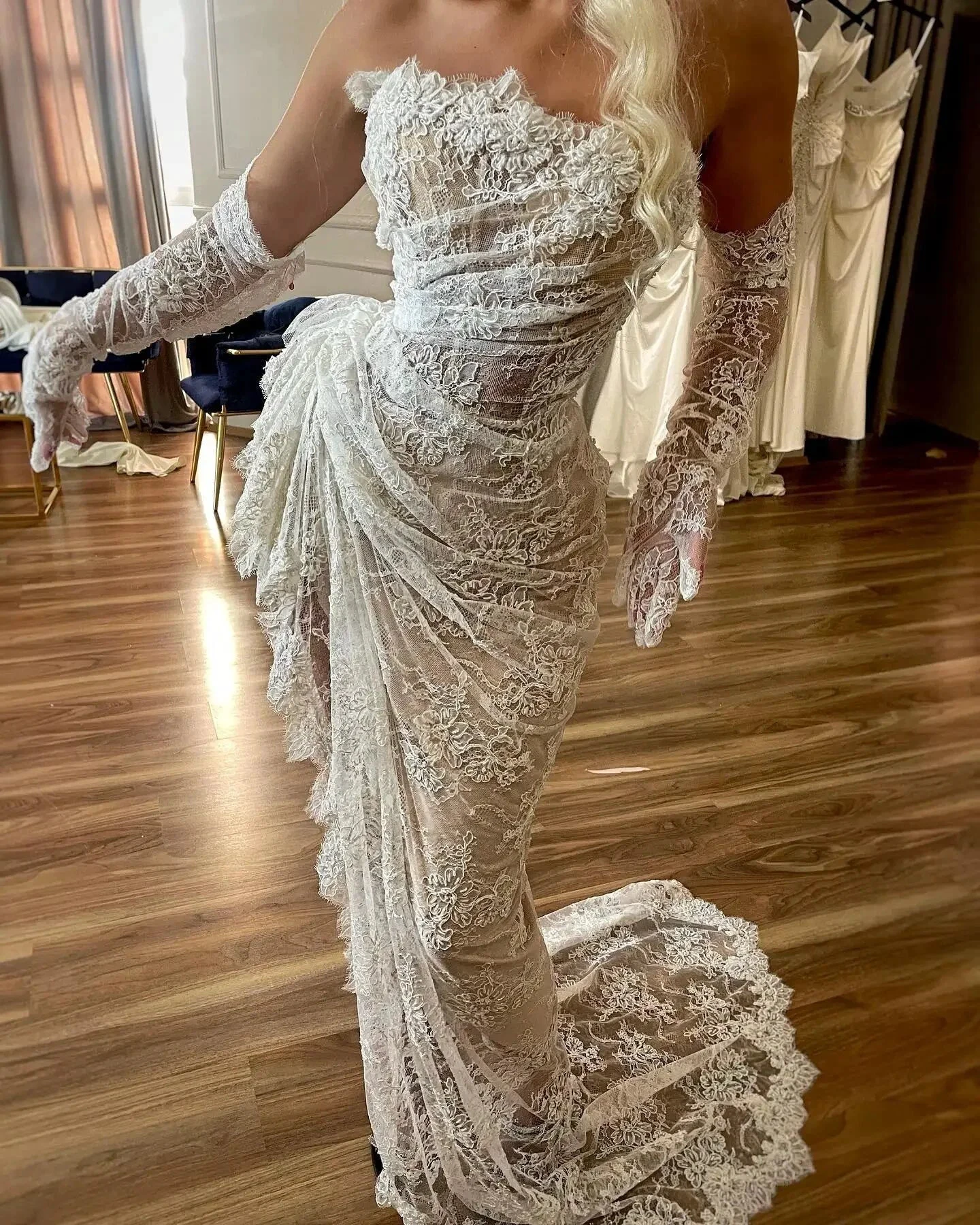 Sheath Strapless Bridal Gown Lace Mermaid Ruched Lace High Low Thigh Split Custom Made Wedding Dress Y4435 by simplepromdress