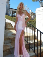 Pink Satin Appliques Mermaid Prom Dress Long Slit Evening Gown Y8263 by simplepromdress