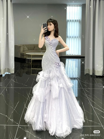 Charming Tulle Sequins Beaded Evening Dress Lilac Mermaid Prom Dress Y8224