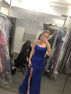 Charming Blue Sheath Lace Long Evening Dress with Slit Y6323 by simplepromdress