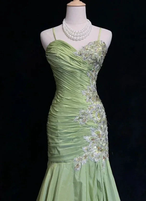 Vintage Green Mermaid Satin Beaded Sequin Evening Dress Spaghetti Strap Long Prom Dress Y8556 by simplepromdress