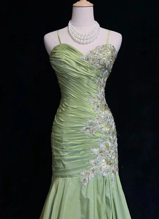 Vintage Green Mermaid Satin Beaded Sequin Evening Dress Spaghetti Strap Long Prom Dress Y8556