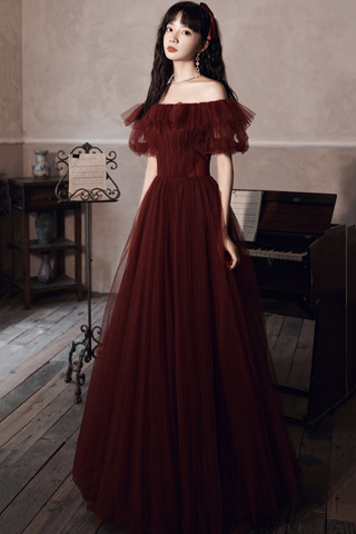 Burgunderrotes schulterfreies Tüll-Ballkleid Abendkleid Y8351