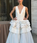 Classy Deep V Multi-Layered Satin A Line Evening Dress White Formal Prom Dress Y8145 by simplepromdress