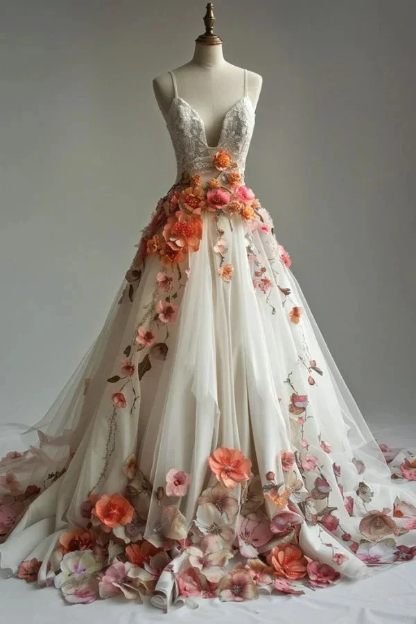 Vintage 3D Flowers Wedding Dress Spaghetti Straps Tulle Appliques Prom Dress Y8033 by simplepromdress