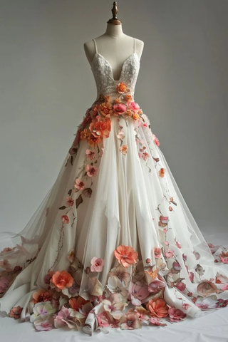 Vestido de novia vintage con flores 3D, tirantes finos, apliques de tul, vestido de fiesta Y8033