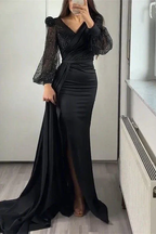 Sequins V-Neck Long Sleeves Mermaid Split Evening Dress With Ruffle Y5554 by simplepromdress