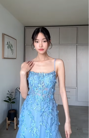 Classy Blue Tulle Appliques Mermaid Evening Dress Long Prom Dress Y8156