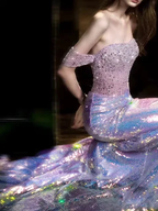 Glitter Off Shoulder Beaded Sequin Mermaid Prom Purple Formal Evening Gown Y8182 by simplepromdress