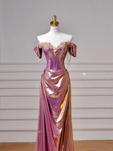 Classy Purple Satin Beaded Mermaid Prom Dress Off The Shoulder Long Evening Dress Y8605
