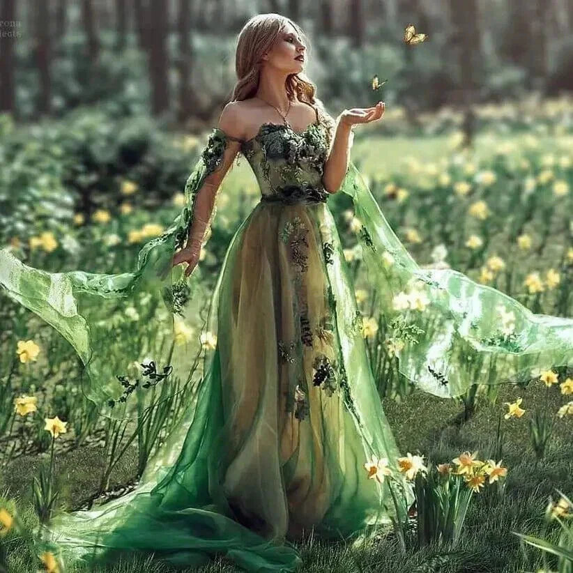 Unique Green Off Shoulder Long Sleeves Tulle Lace Appliques Evening Dress Formal Party Prom Dress Y8390 by simplepromdress