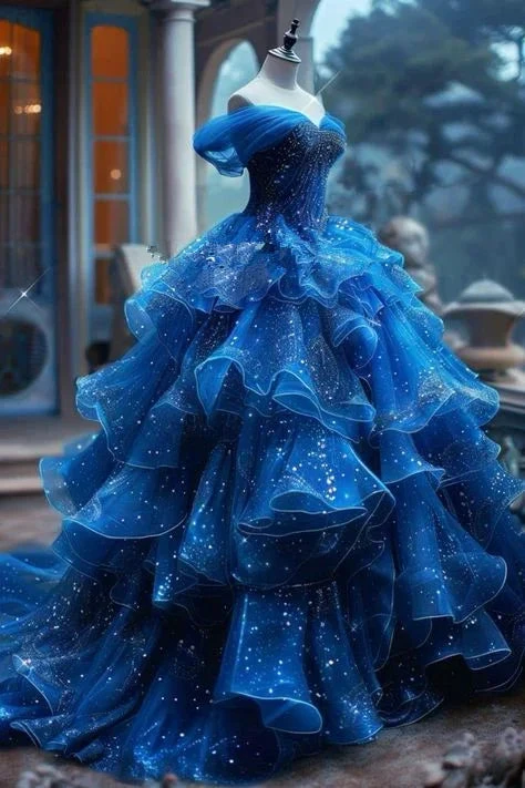 Fairytale Blue Sequins Tulle Ruffles A Line Ball Gown,Off The Shoulder Birthday Prom Dress Y8521 by simplepromdress
