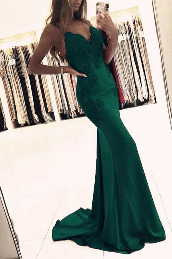 Mermaid green sleeveless v-neck spaghetti-straps applique beaded evening dress Y1188 by simplepromdress
