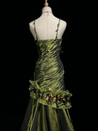 Vintage Dark Green Irregular Neckline Satin Beaded Evening Dress Ruched Mermaid Prom Dress Y8560 by simplepromdress