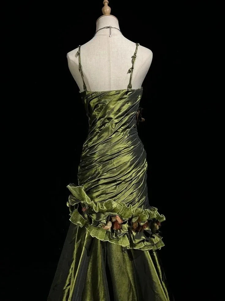 Vintage Dark Green Irregular Neckline Satin Beaded Evening Dress Ruched Mermaid Prom Dress Y8560 by simplepromdress
