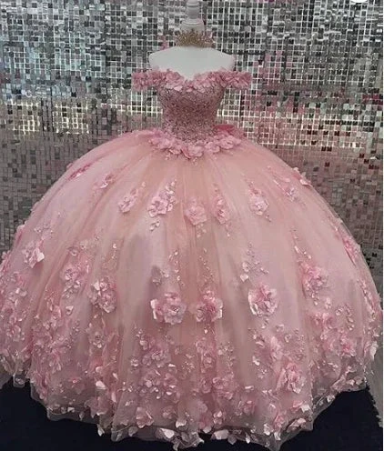 Pink Off Shoulder Ball Gown Quinceanera Dresses 3D Appliques Corset Dress Y6791 by simplepromdress