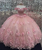 Pink Off Shoulder Ball Gown Quinceanera Dresses 3D Appliques Corset Dress Y6791 by simplepromdress