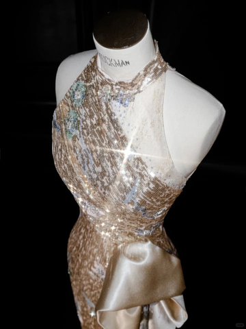 Glitter Champagne Gold Sequin Sheath Prom Dress Halter Long Evening Dress Y8653