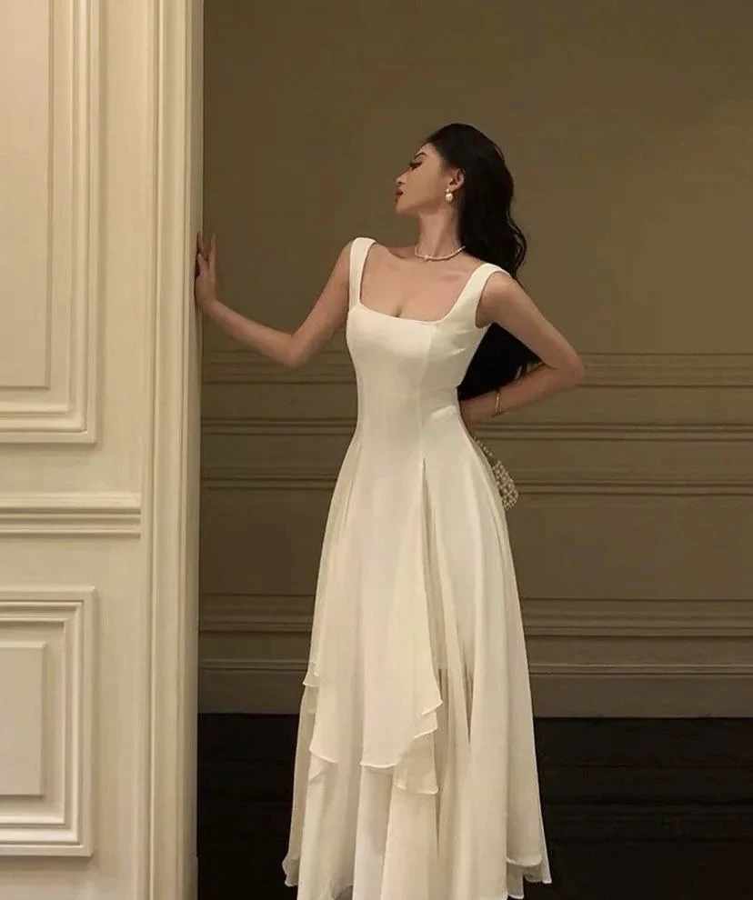 Square Neck White Asymmetric A-Line Long Evening Dress Y2786 by simplepromdress