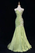 Vintage Green Mermaid Satin Beaded Sequin Evening Dress Spaghetti Strap Long Prom Dress Y8556 by simplepromdress