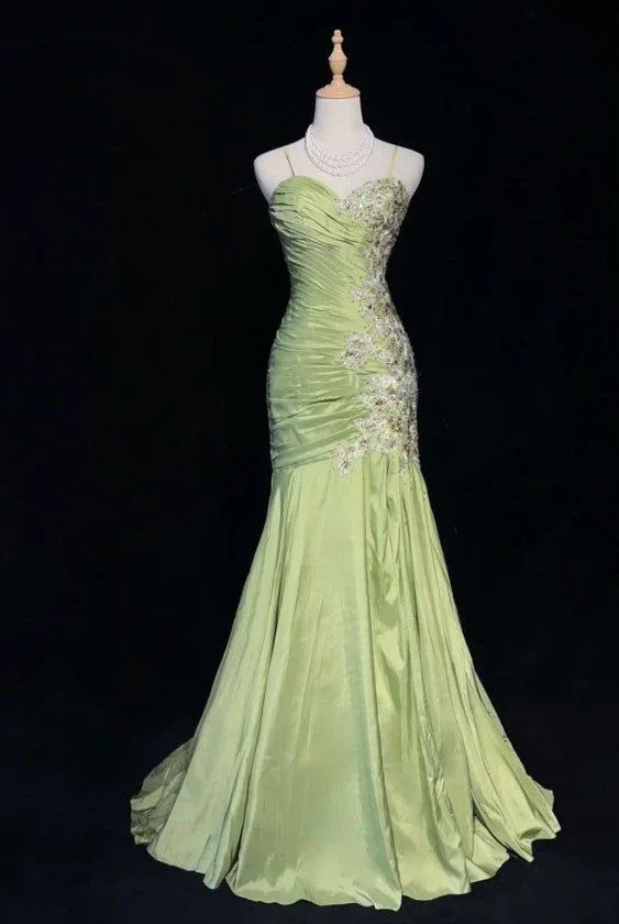 Vintage Green Mermaid Satin Beaded Sequin Evening Dress Spaghetti Strap Long Prom Dress Y8556