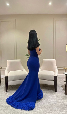 Elegante vestido de noche de sirena azul. Vestido formal azul Y6397.