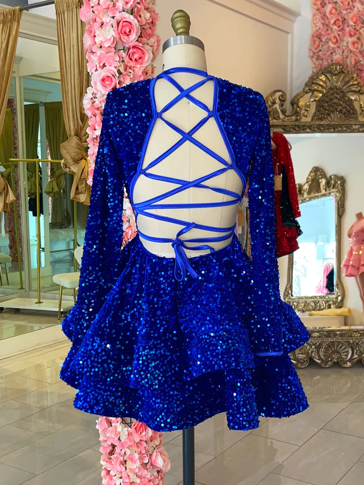 Royal Blue Sequins Homecoming Dress Backless Homecoming Dress Y2152