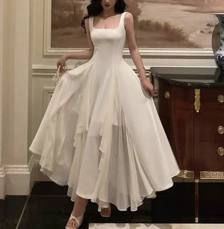 Square Neck White Asymmetric A-Line Long Evening Dress Y2786 by simplepromdress