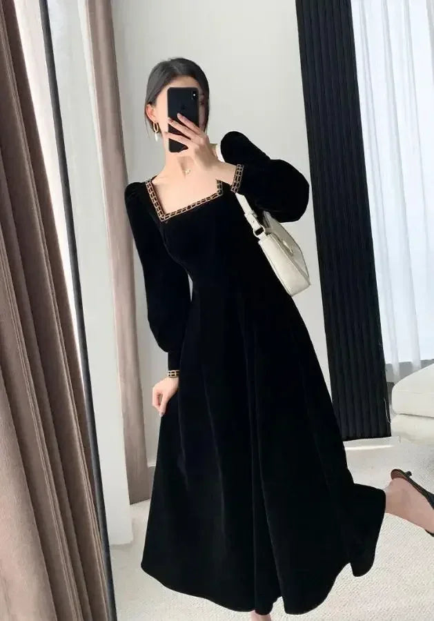 Velvet Dress Women Long Sleeve Square Neck Elegant Bodycon Patchwork Fashion Evening Dress Y6744 by simplepromdress