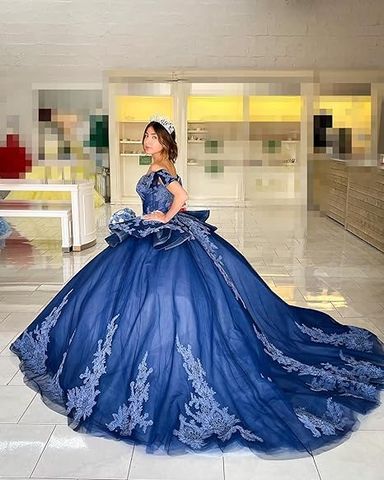 Vestido de quinceañera azul marino con encaje de tul y hombros descubiertos, vestido de fiesta azul marino para quinceañeras Y2985